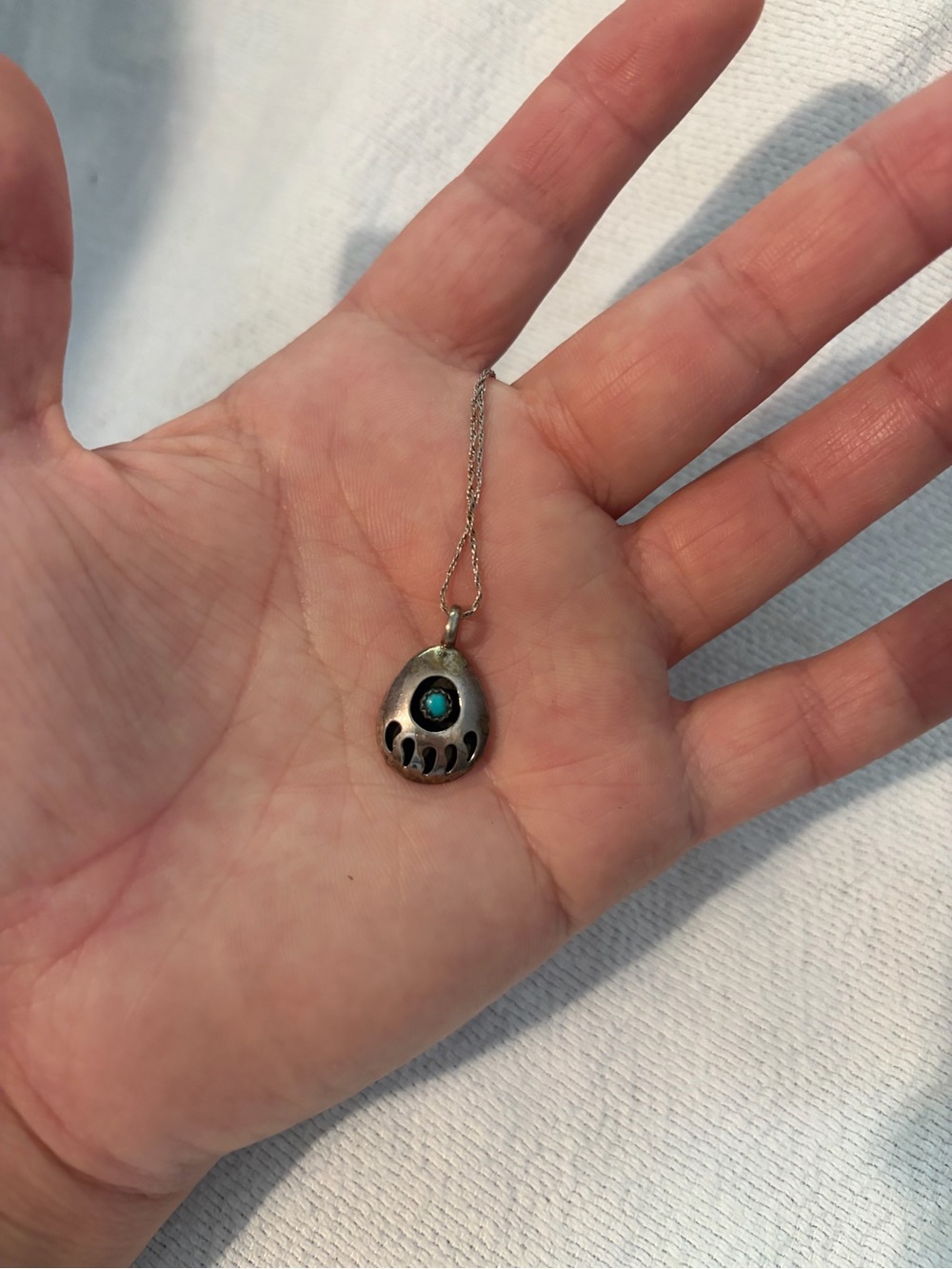 Vintage Southwestern Silver Bear Paw Pendant Necklace w/ Turquoise
